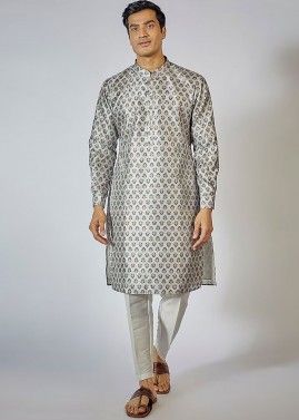 Grey Readymade Cotton Mens Kurta Pajama In Digital Print