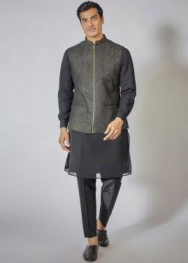 Black Readymade Mens Kurta pajama & Nehru Jacket In Viscose