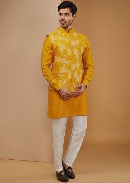 Yellow Embroidered Readymade Mens Kurta Pajama & Nehru Jacket