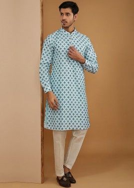 Blue Digital Printed Readymade Mens Kurta Pajama In Art Silk