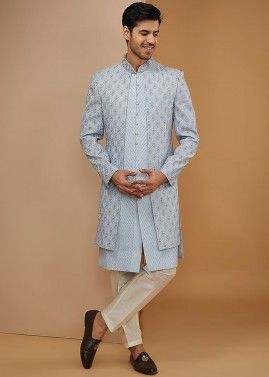 Powder Blue Embroidered Readymade Jacket style Mens Silk Sherwani Suit