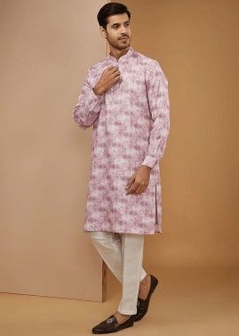 Pink Digital Printed Readymade Mens Art Silk Kurta Pajama 