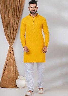 Readymade Embroidered Rayon Mens Kurta Pajama In Yellow