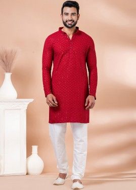Readymade Embroidered Rayon Mens Kurta Pajama In Red