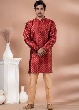 Red Woven Asymmetric Indo Western Sherwani For Men