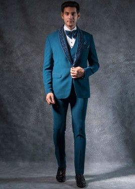 Readymade Blue Embroidered Tuxedo Set For Mens