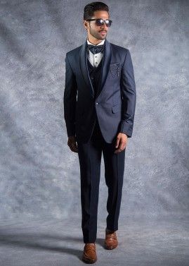 Navy Blue Readymade Embroidered Tuxedo Suit