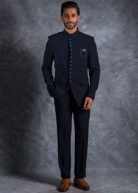 Navy Blue Plain Bandhgala Jodhpuri Suit