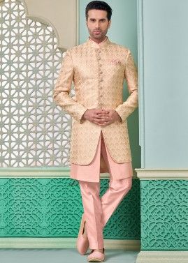 Pink Woven Indo Western Sherwani Set