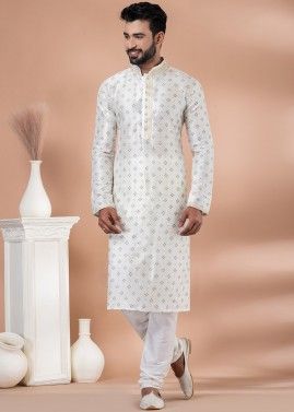 White Printed Kurta Pajama In Banarasi Silk