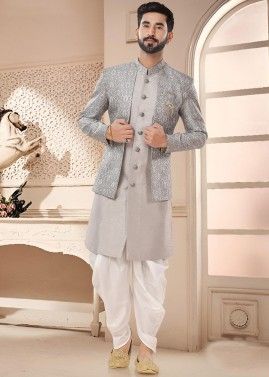 Grey Printed Jacket Style Dhoti With Sherwani