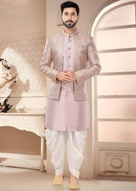 Pink Printed Jacket Style Dhoti With Sherwani