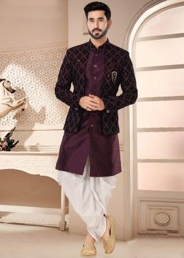 Purple Jacket Style Dhoti With Sherwani