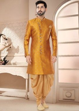 Yellow Readymade Indowestern Sherwani & Dhoti In Art Silk