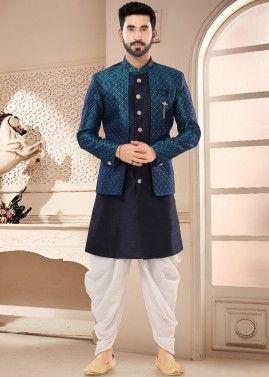 Blue  Readymade Jacket Style Indowestern Sherwani & Dhoti Set