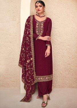 Magenta Embroidered Pant Suit Set