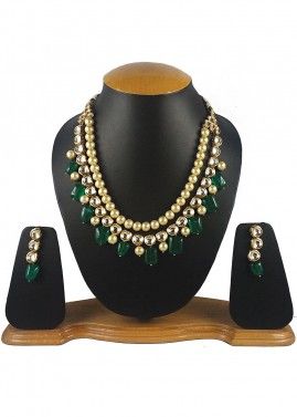 Golden Green Multilayered Necklace With Earrings 