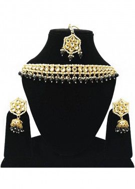 Golden Black Beaded Choker Necklace Set