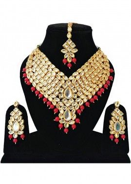 Golden Red Stone Studded Kundan Necklace Set