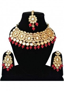 Red Golden Stone Studded Kundan Necklace Set