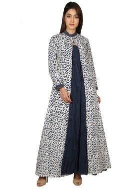 Blue Cotton Dress With Printed Jacket