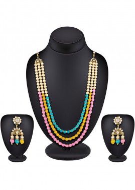 Multicolour Pearl Stone Studded Long Necklace Set