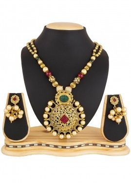 Gold Stone And Beaded Necklace Set