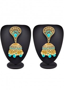 Golden And Turquoise Stone Studded Jhumkas