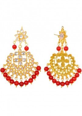 Golden Red Kundan Chandbalis Style Earinngs