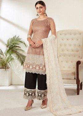 Brown Embroidered Net Suit With Palazzo