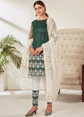 Green Embroidered Suit With Organza Dupatta