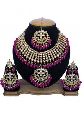 Pearl Magenta Stone Studded Kundan Necklace Set