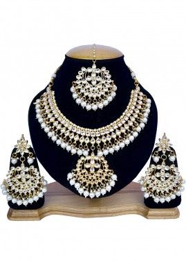 Pearl White Stone Studded Kundan Necklace Set