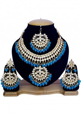 Pearl Blue Stone Studded Kundan Necklace Set