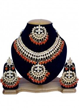 Pearl Orange Stone Studded Kundan Necklace Set
