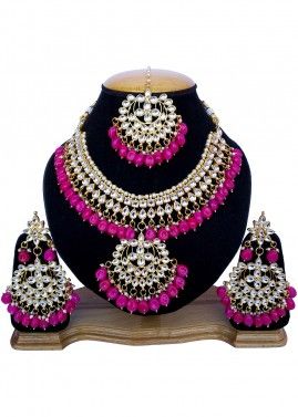 Pearl Pink Stone Studded Kundan Necklace Set