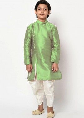 Green Readymade Angrakha Style Kids Dhoti Kurta