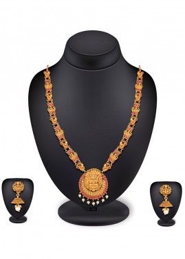 Golden Pink Stone Studded Traditional Necklace Set 
