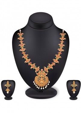 Green Pink Stone Studded Traditional Necklace Set 