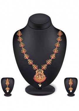 Green Pink Stone Studded Traditional Necklace Set 