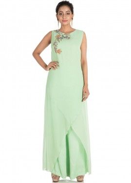 Pastel Green Hand Embroidered Top With Palazzo