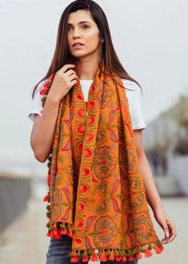 Yellow Embroidered Cotton Tasseled Stole