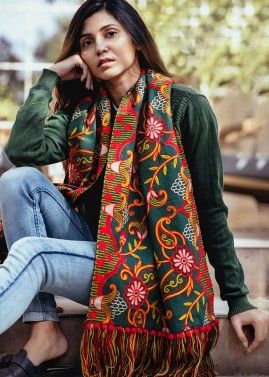 Green Embroidered Cotton Stole
