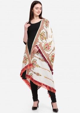 White Cotton Dupatta With Thread Embroidery