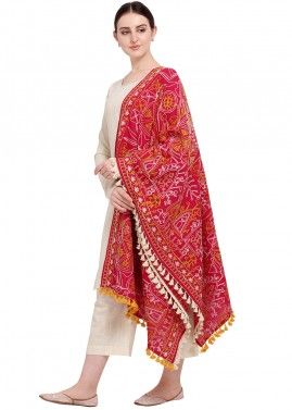Red Thread Embroidered Dupatta In Cotton