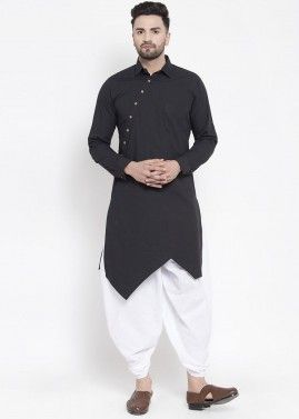 Readymade Black Asymmetric Cotton Kurta Dhoti Set