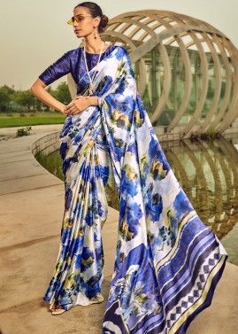 Blue Digital Printed Saree In Satin Silk