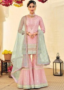 Pink Embroidered Georgette Sharara Suit Set