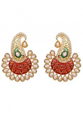 Red And Golden Pearl Studded Earrings