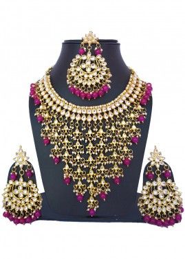 Golden Purple Kundan and Pearl Necklace Set